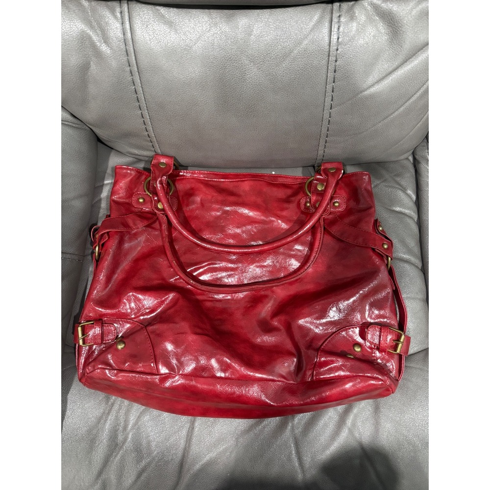 Red Faux Leather Hobo Shoulder Bag Buckle Accents Antique Brass Hardware Tote